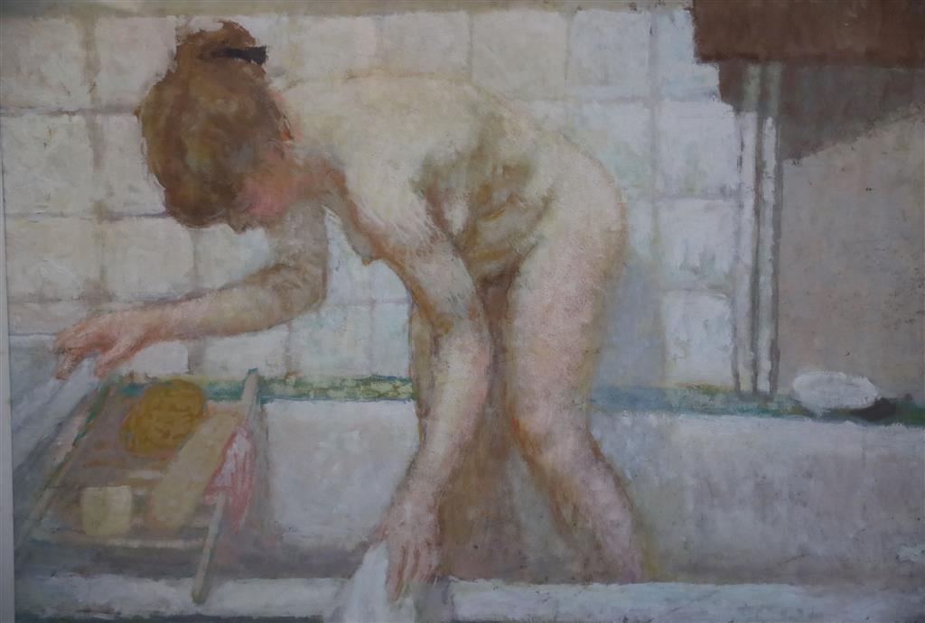 § Bernard Dunstan (1920-2017) Portrait of the artists wife, Diana Armfield, stepping out of a bath 26.5 x 37in.
